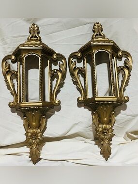 Vintage Hollywood Regency Gold Plastic Wall Sconces